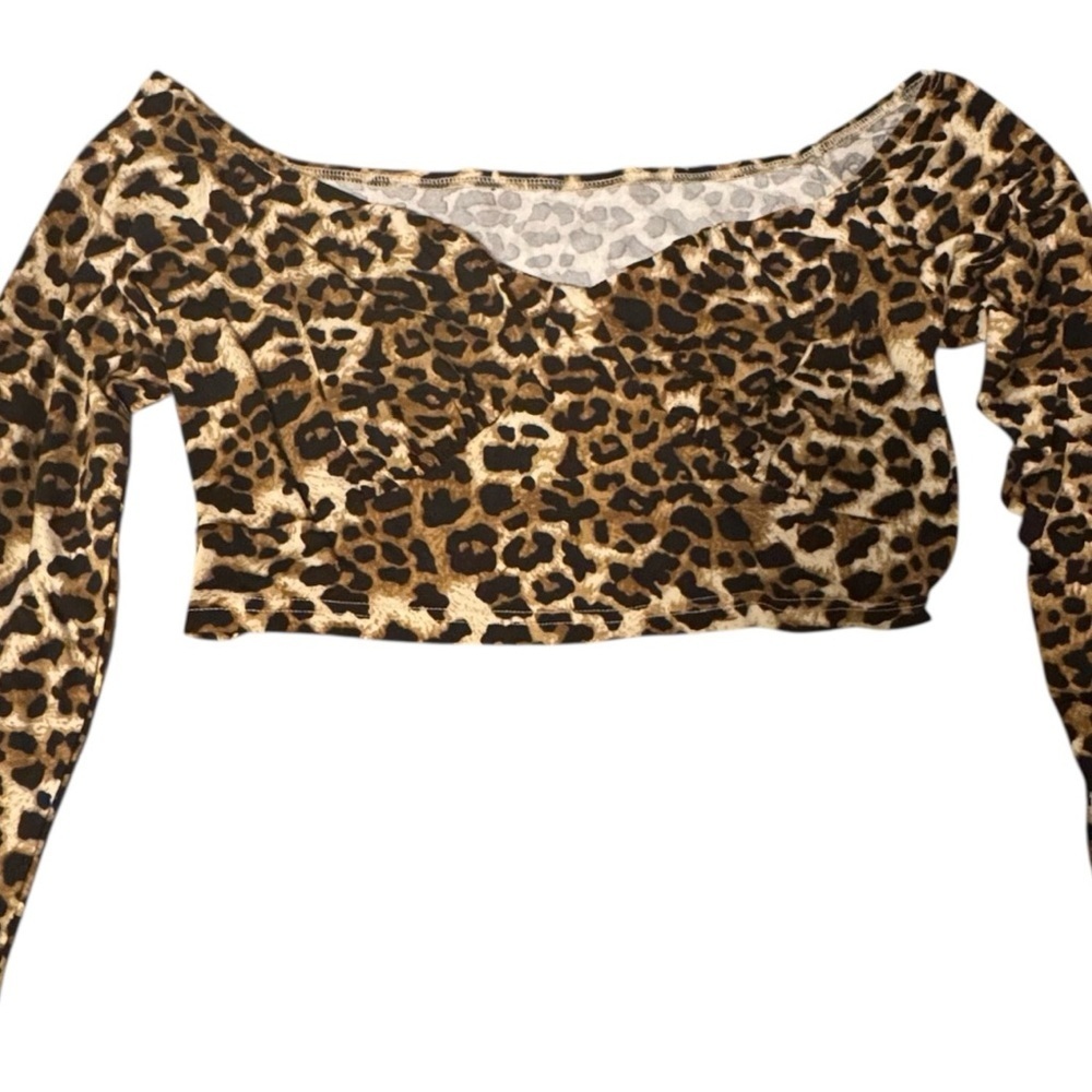 SHEIN Curve Leopard Print Long Sleeve Crop Top Size 1XL